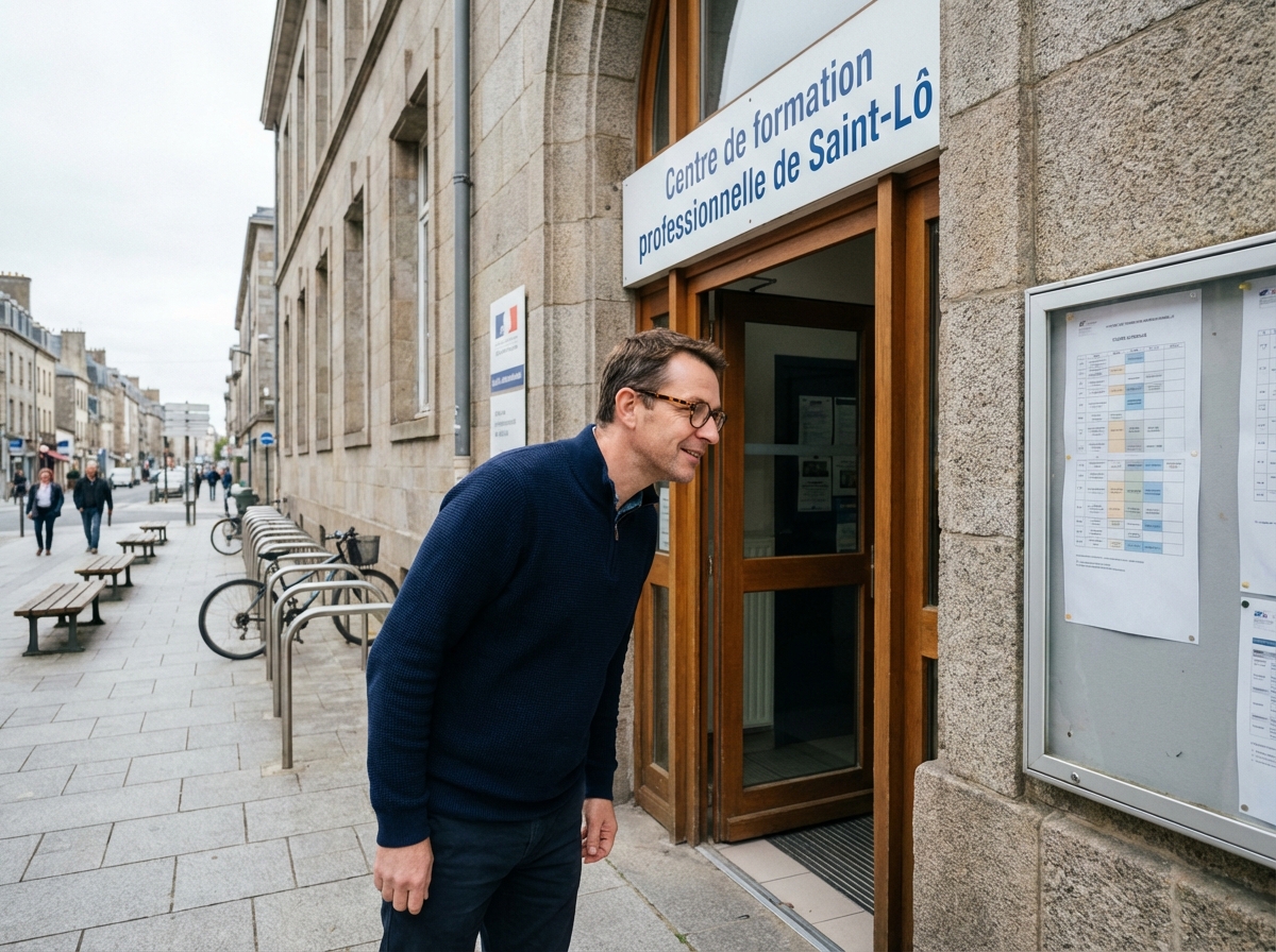 Homme lisant un planning de formation devant un centre de formation