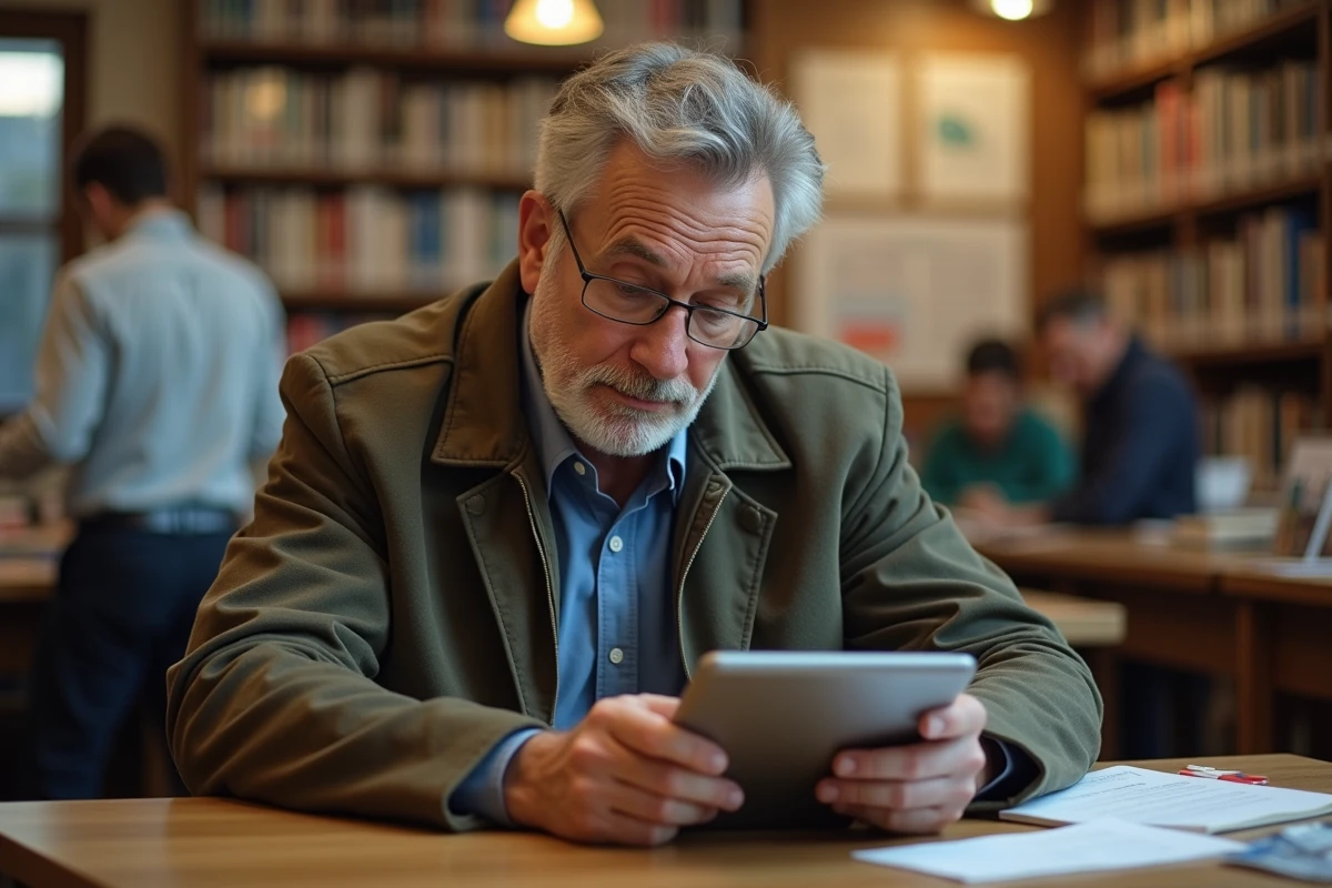 Homme lisant des offres d emploi dans une biblioth&egrave;que anim&eacute;e