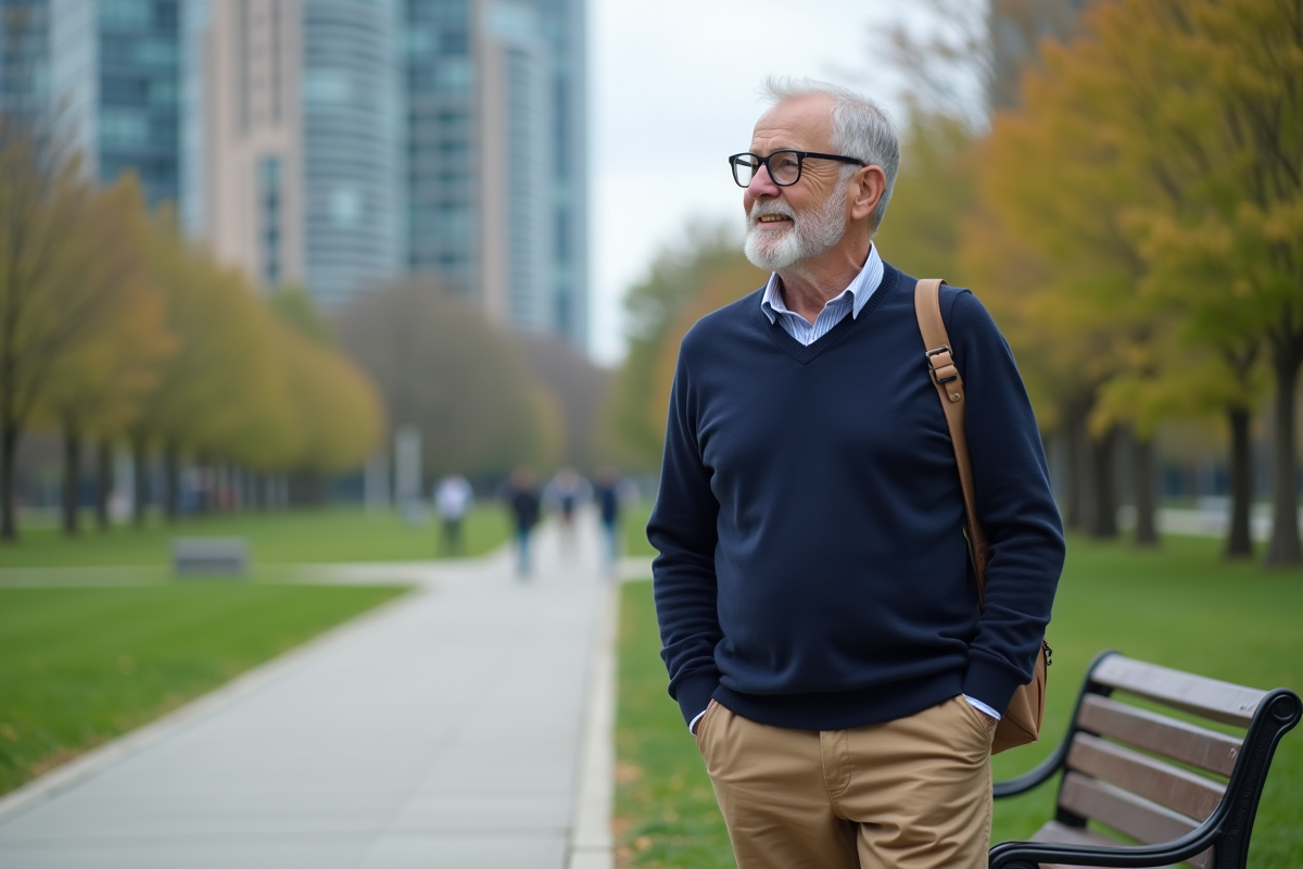 Homme souriant dans un parc urbain avec un ordinateur portable