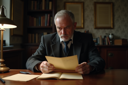 Homme d'&acirc;ge moyen dans un bureau ancien lisant une lettre