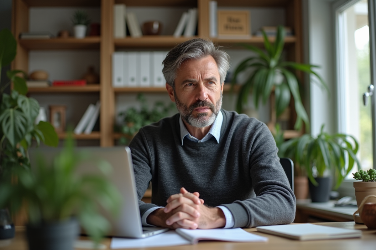 Homme en visioconference dans un bureau à domicile lumineux