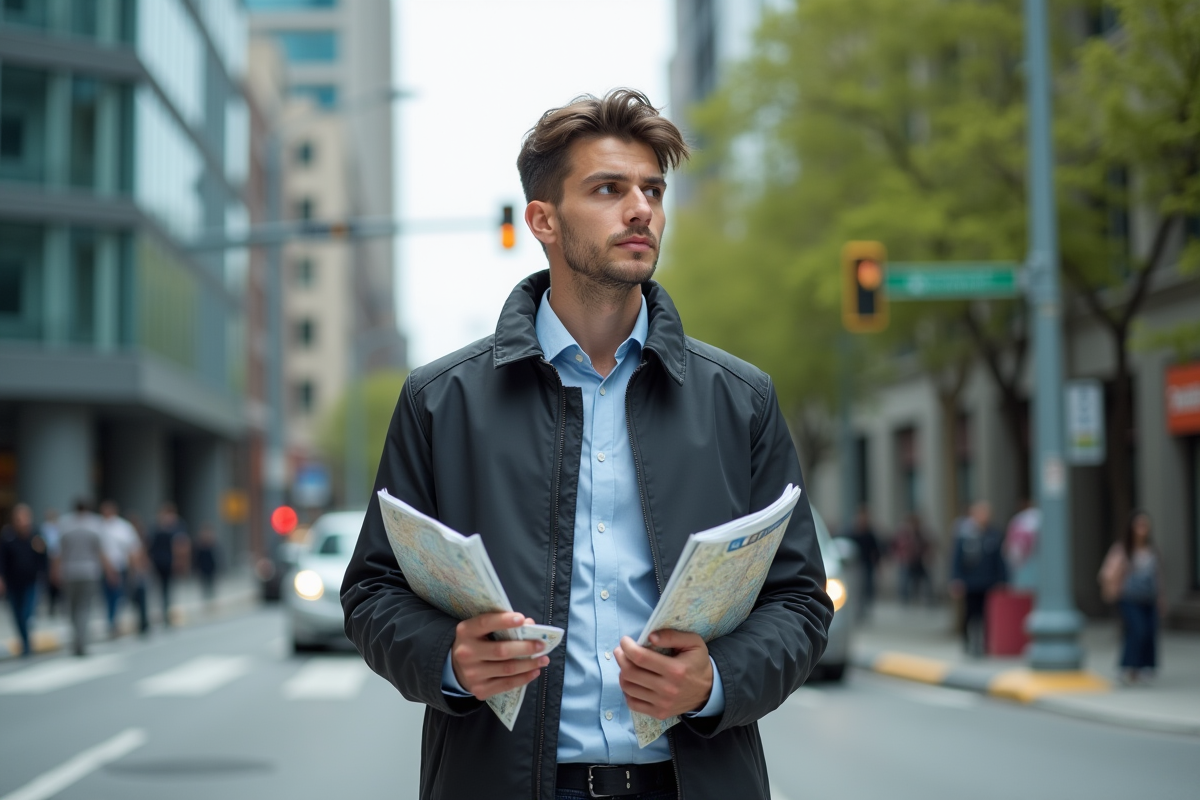 Jeune homme avec cartes dans la rue pour article sur {titre}