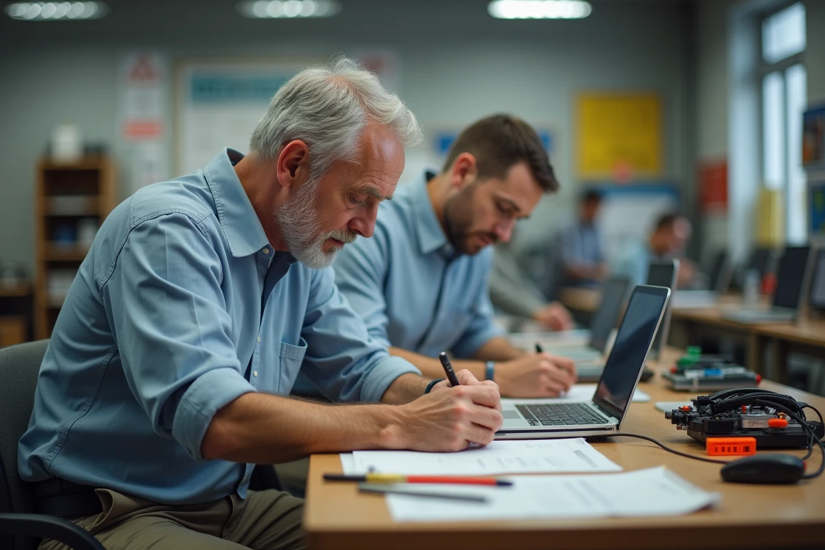 Homme en atelier technique travaillant sur un bureau en bois