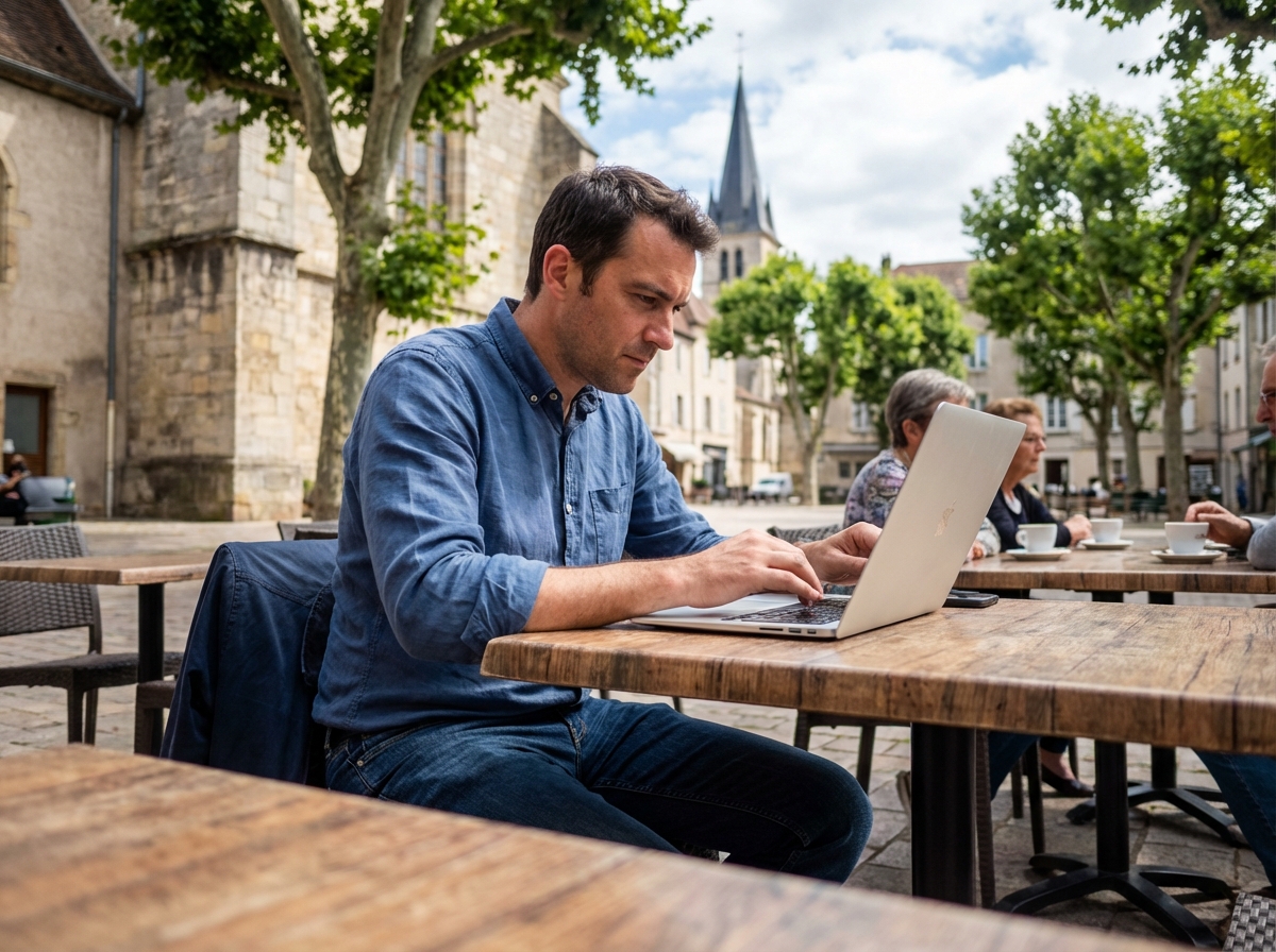 Jeune homme travaillant en extérieur dans un café à Vesoul