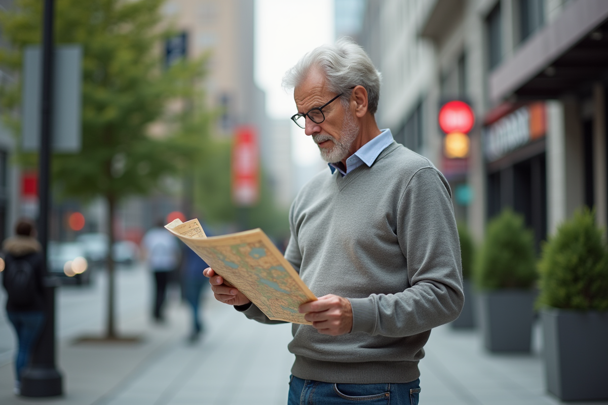 Homme regardant une carte en ville lors d