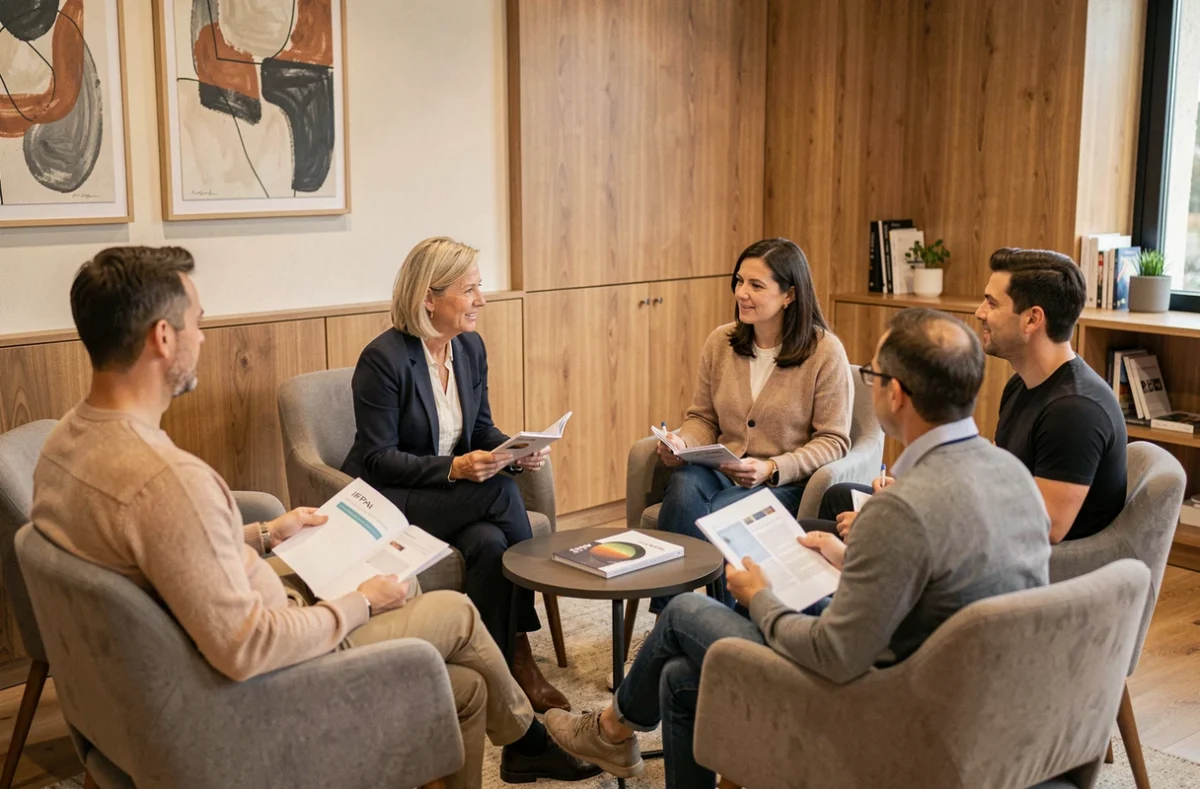 Séance de formation en groupe à l'IFPA Poitiers avec une formatrice animant un cercle de discussion pour adultes