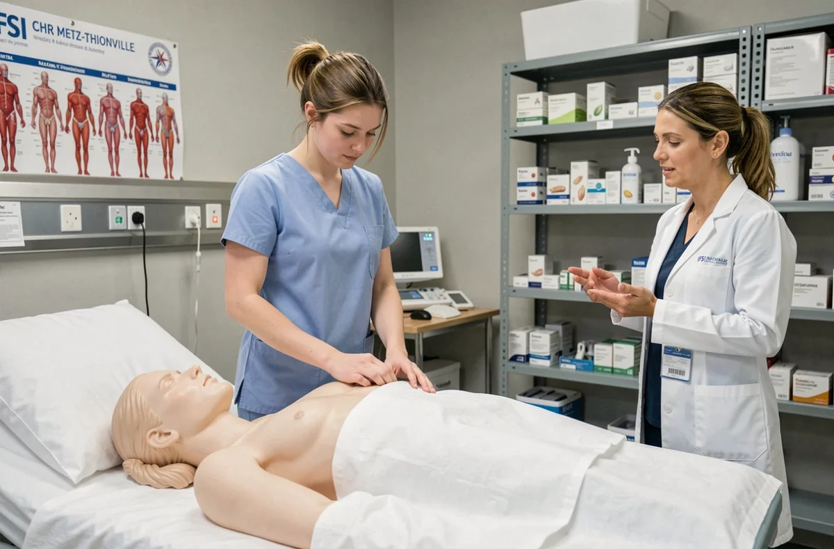 Étudiante infirmière IFSI CHR Metz-Thionville pratiquant des soins paramédicaux sur un mannequin de simulation clinique sous supervision d'une infirmière formatrice