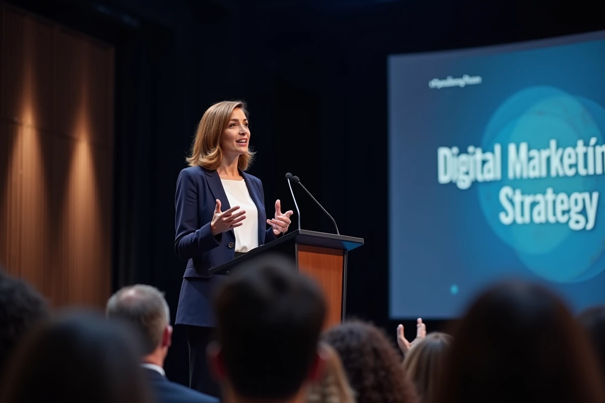 Intervenante experte en marketing digital prenant la parole lors d'une conférence professionnelle à Paris