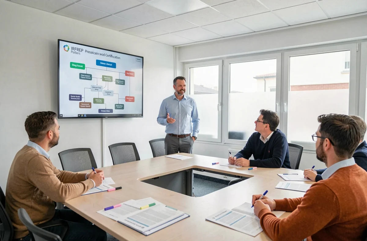 Session de préparation à la certification professionnelle à l'IRFREP Poitiers avec un formateur et des adultes en reconversion