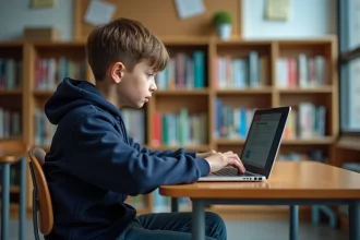 Jeune adolescent concentré sur son ordinateur dans une bibliothèque