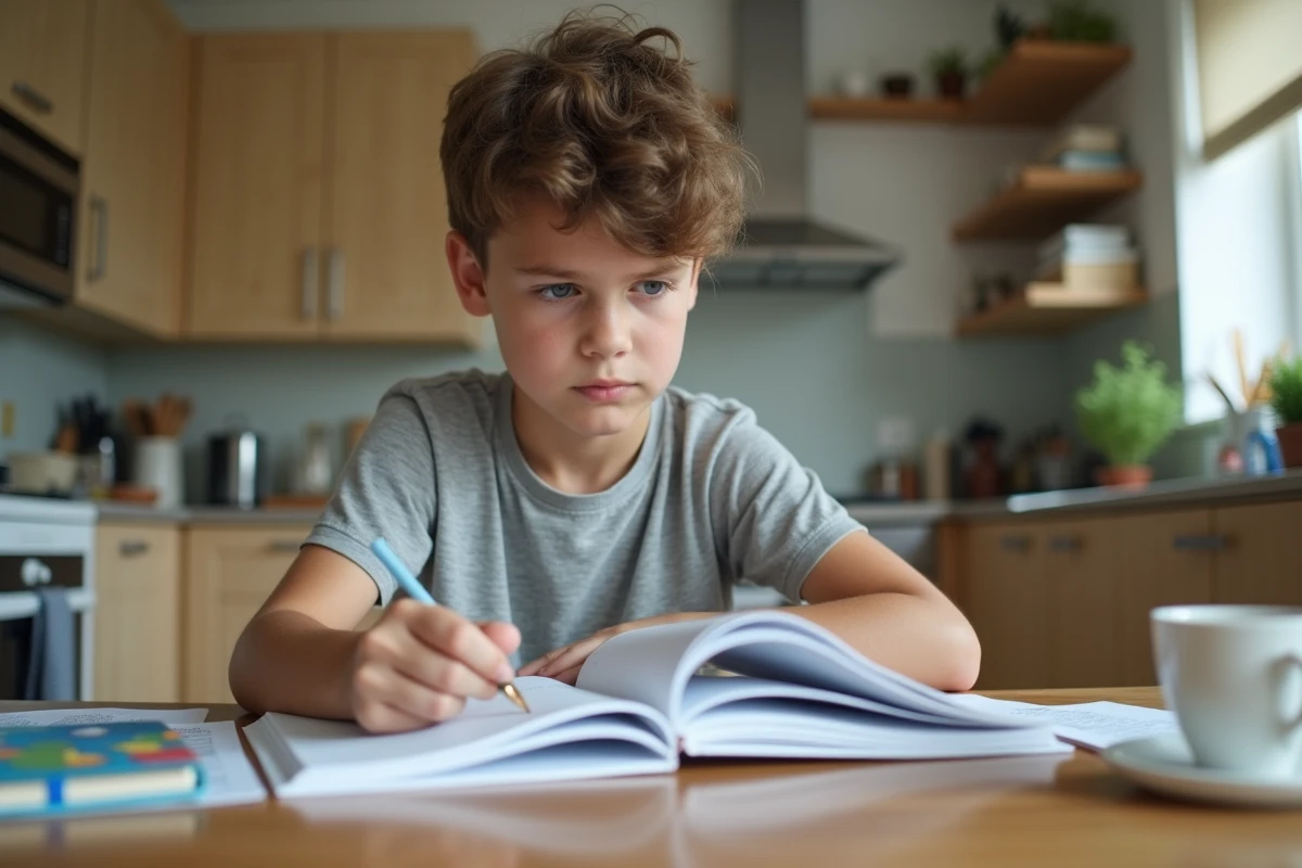Adolescent concentré étudie un livre de grammaire française à la maison