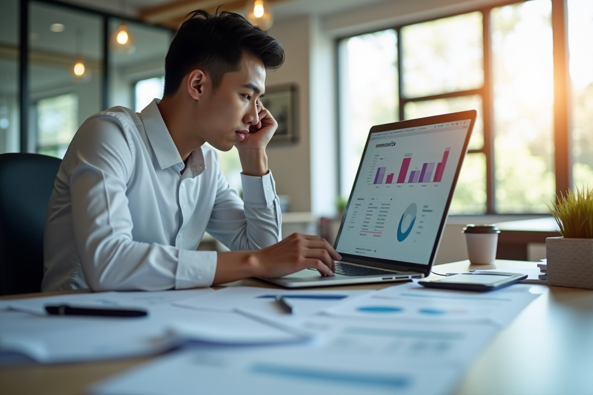 Jeune comptable au bureau moderne avec dashboard financier
