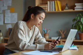 Jeune étudiante universitaire vérifiant une checklist numérique dans sa chambre