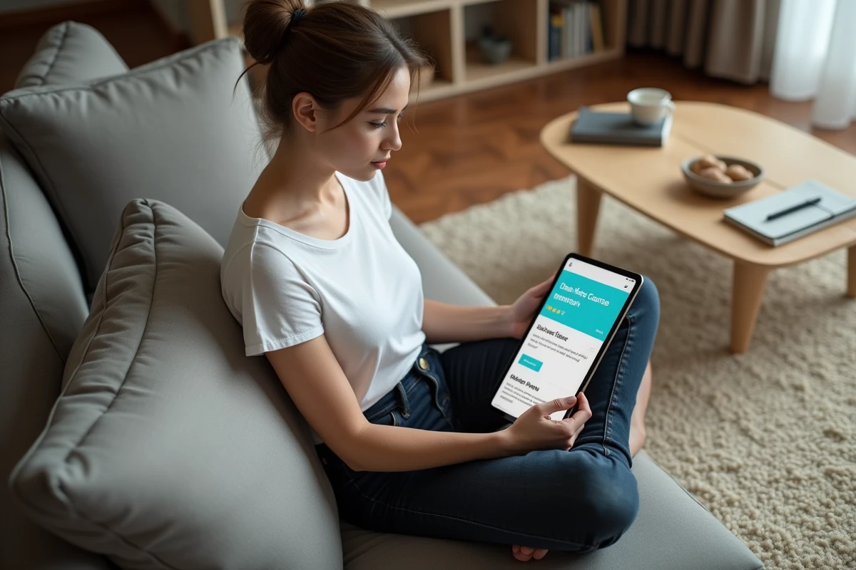 Jeune femme consultant les avis et tarifs d'une formation Canva sur une tablette dans son salon