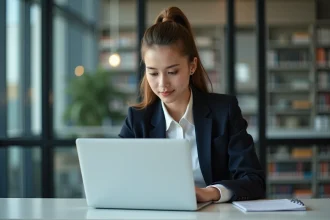 Jeune femme concentr&eacute;e sur son ordinateur en &eacute;tude universitaire