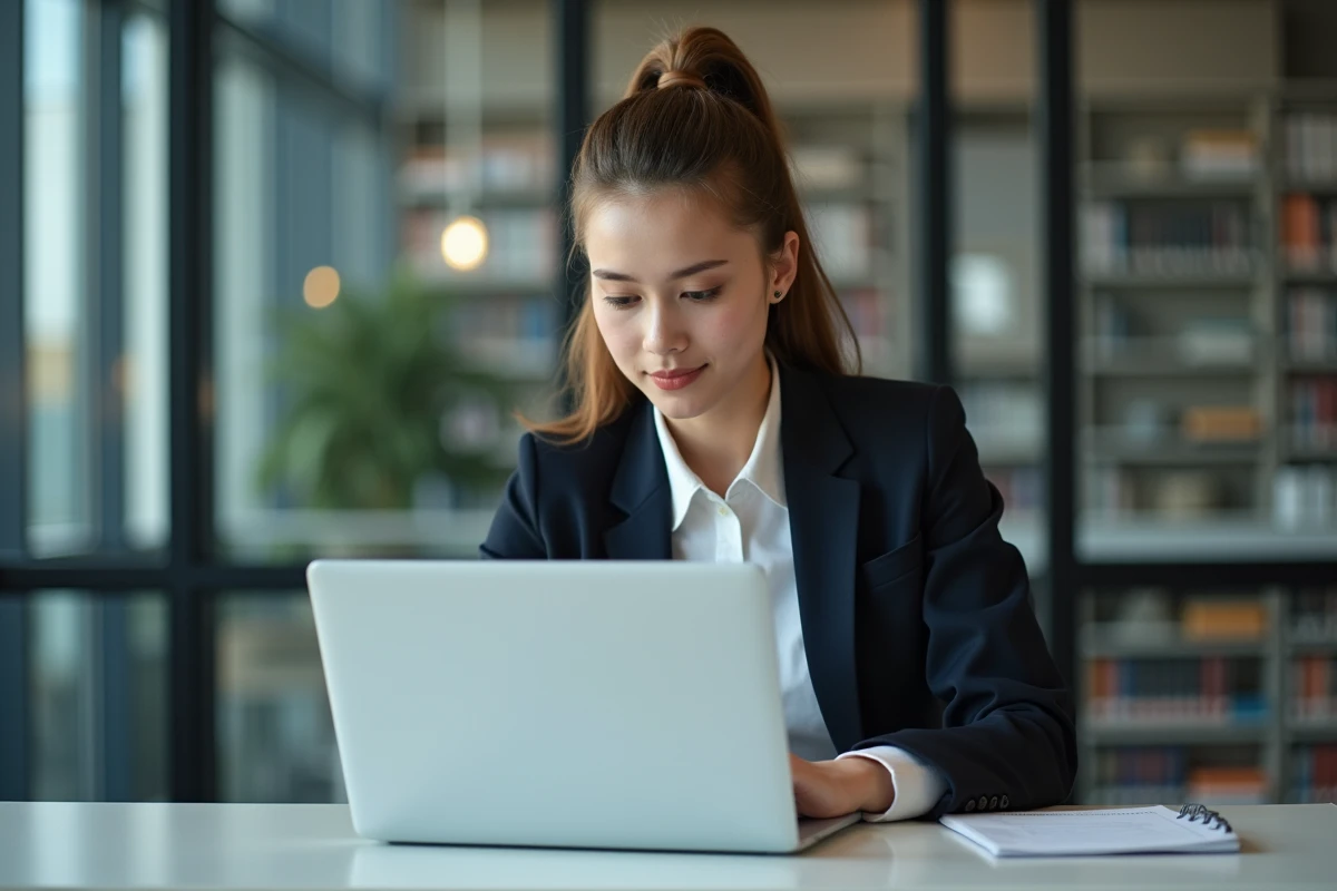 Jeune femme concentrée sur son ordinateur en étude universitaire