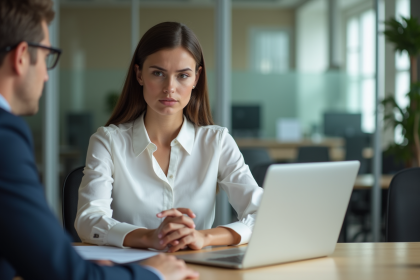Jeune femme au bureau avec expression d'inqui&eacute;tude