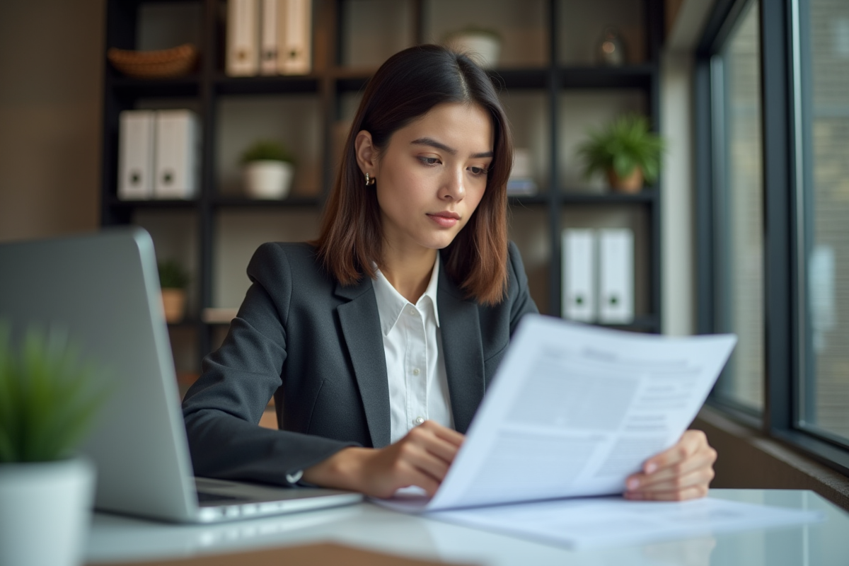 Jeune femme en bureau examinant un contrat de stage