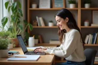 Jeune femme concentr&eacute;e sur son ordinateur dans un bureau organis&eacute;