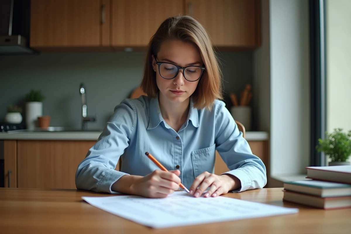Jeune femme en intérieur calcule avec un notepad