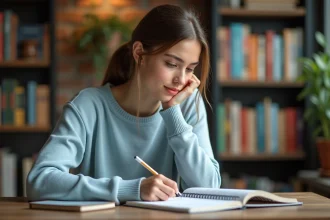 Jeune femme écrivant des conjugaisons en espagnol dans un bureau
