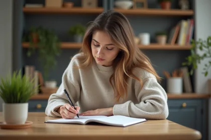 Jeune femme écrit des conjugaisons françaises dans un cahier à la maison