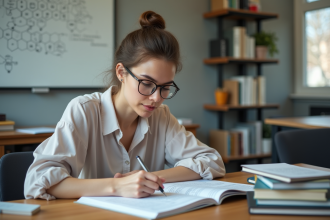 Jeune femme concentrée en étude de chimie dans un bureau moderne