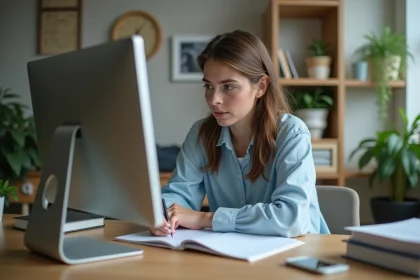 Jeune femme concentr&eacute;e &agrave; &eacute;tudier chez elle avec ordinateur et notes