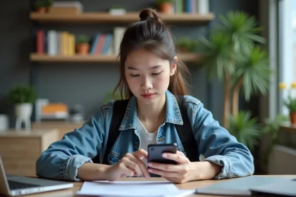 Jeune femme concentr&eacute;e v&eacute;rifiant documents et smartphone