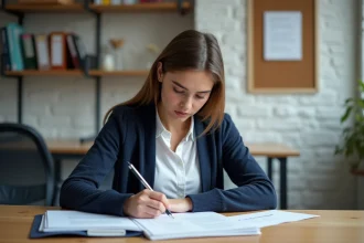 Jeune femme concentrée remplissant un formulaire Parcoursup dans un bureau universitaire