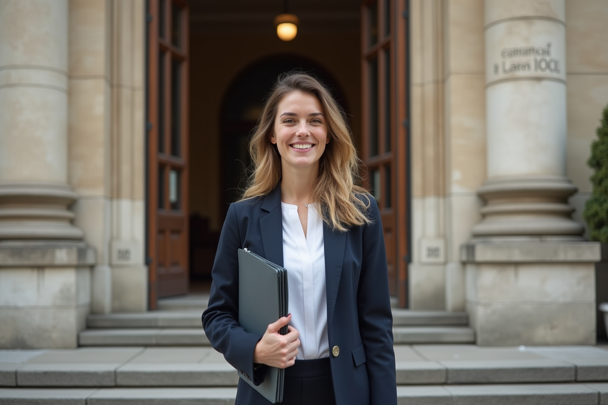 Jeune scientifique devant un grand institut de recherche français
