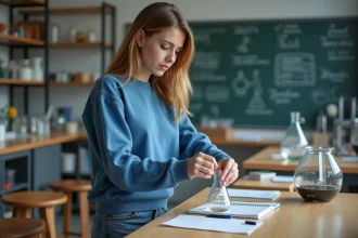 Jeune femme en laboratoire verser un liquide dans un bécher