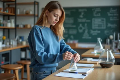 Jeune femme en laboratoire verser un liquide dans un bécher