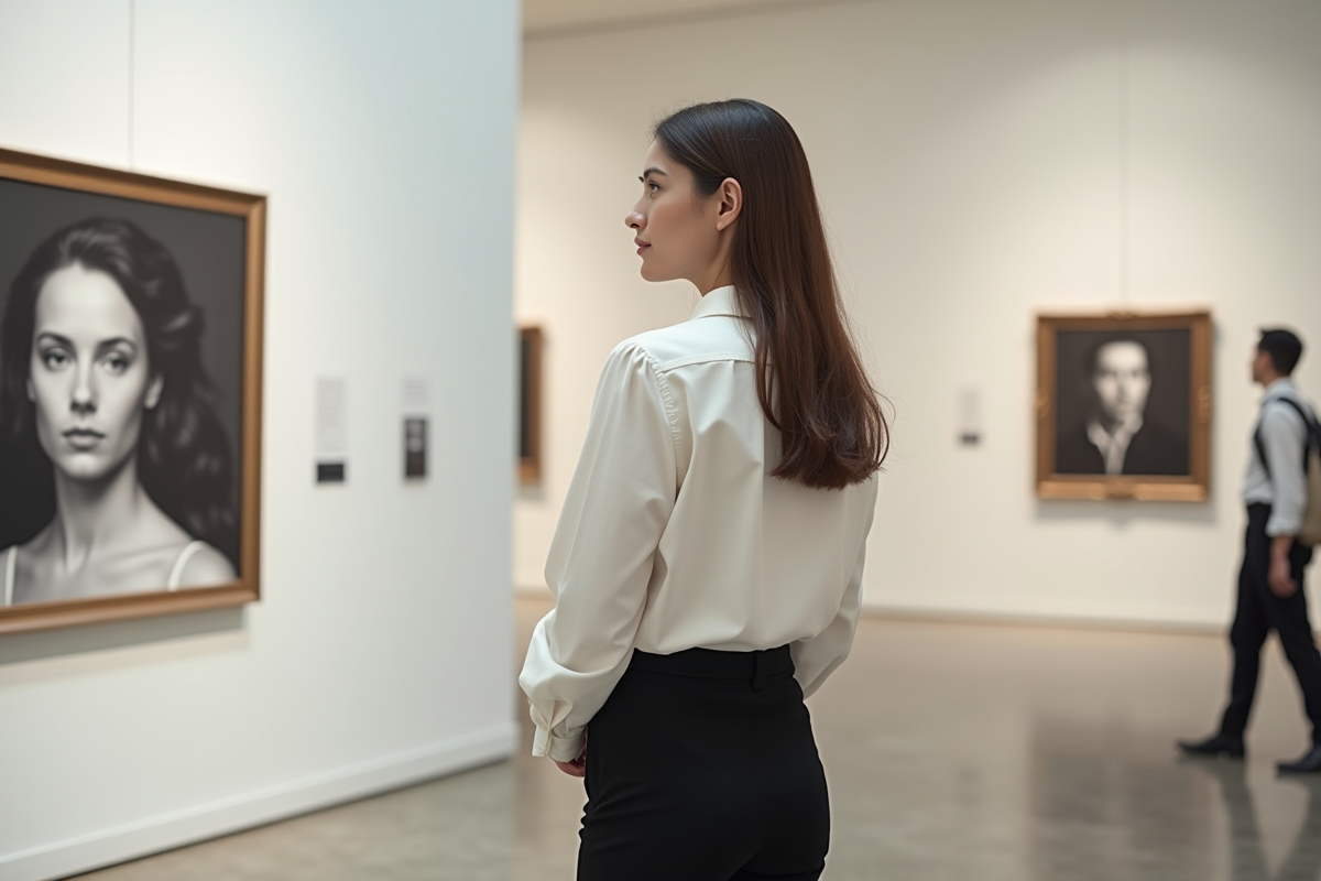 Jeune femme observant un portrait dans un musée moderne