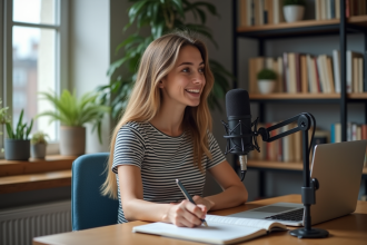 Jeune femme en podcast dans un bureau cosy