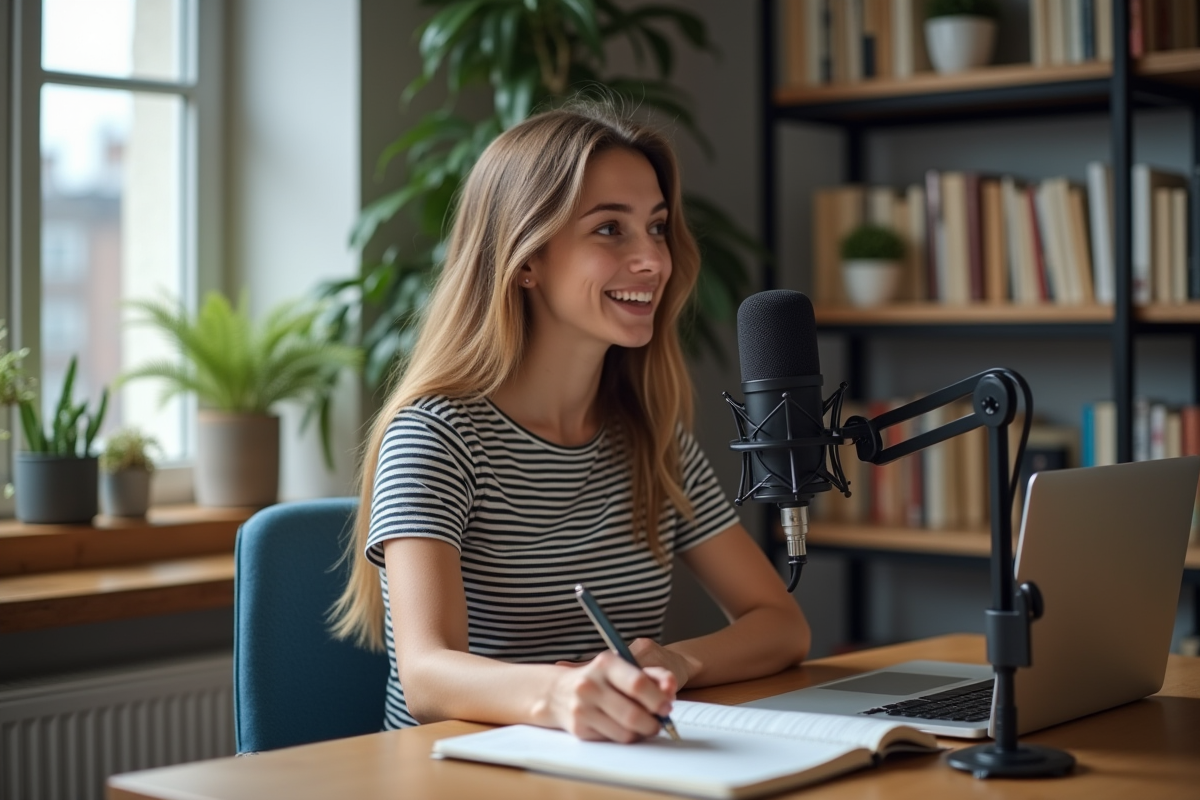 Jeune femme en podcast dans un bureau cosy