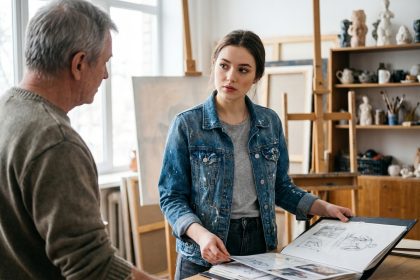 Jeune femme pr&eacute;sentant son portfolio dans un atelier d'art