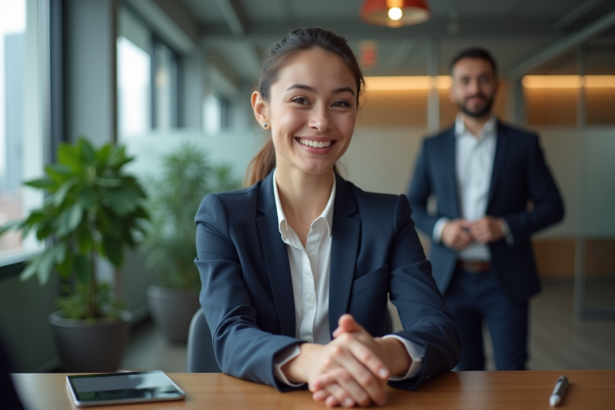 Jeune femme en costume serré souriante lors d'un entretien