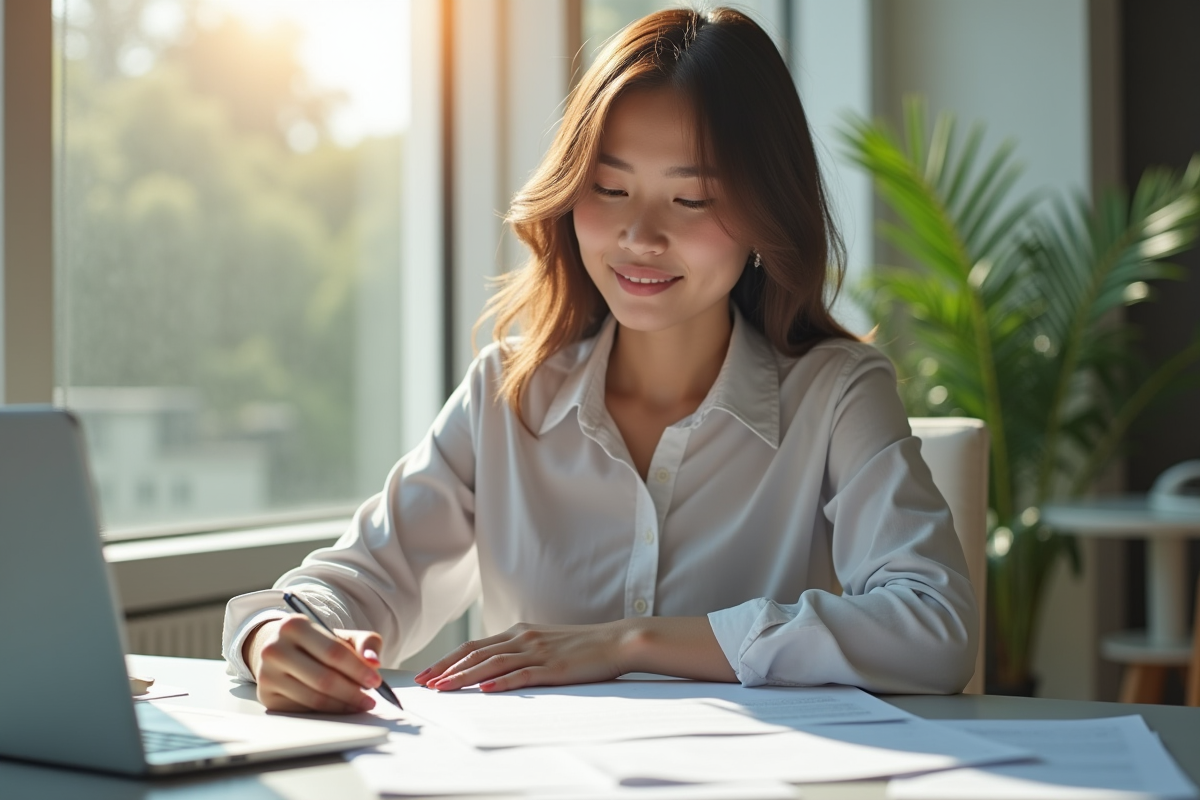 Jeune femme professionnelle étudiant un certificat au bureau