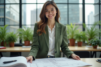 Jeune femme en blazer vert examine des plans de construction écologique