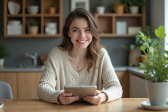 Jeune femme utilisant une tablette dans une cuisine moderne