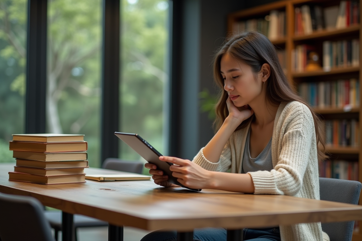 Jeune femme utilisant une tablette dans une bibliothèque moderne