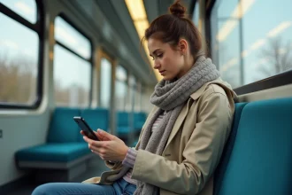 Jeune femme regardant son smartphone dans un train en Île-de-France