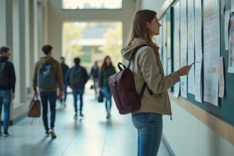 Jeune femme étudiant consulte un panneau d'affiches universitaires