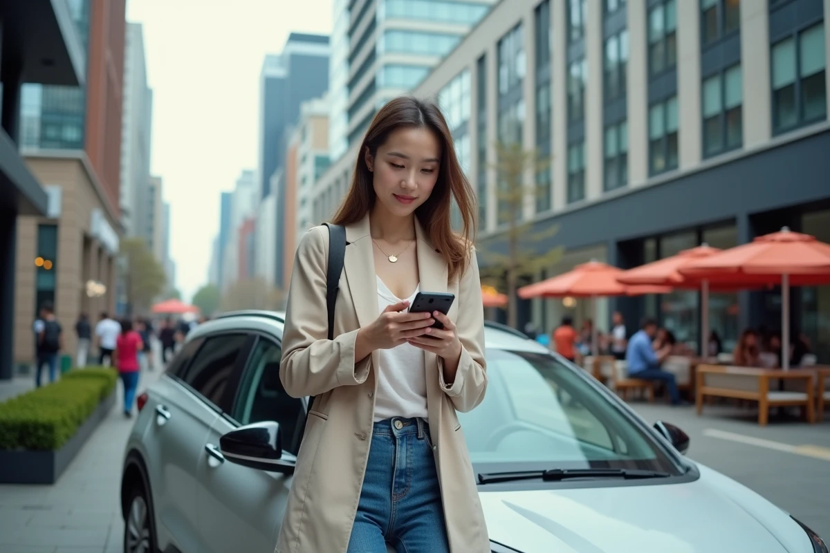 Jeune femme VTC vérifiant son téléphone dans la ville