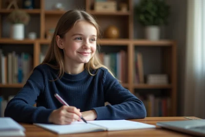Jeune fille concentr&eacute;e r&eacute;dige sa lettre de motivation