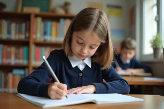 Jeune fille d'école française concentrée à son bureau