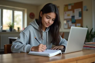 Jeune fille adolescente travaillant sur son ordinateur portable à la maison