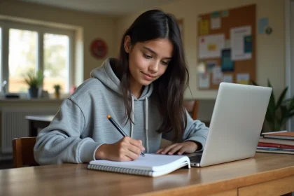 Jeune fille adolescente travaillant sur son ordinateur portable &agrave; la maison