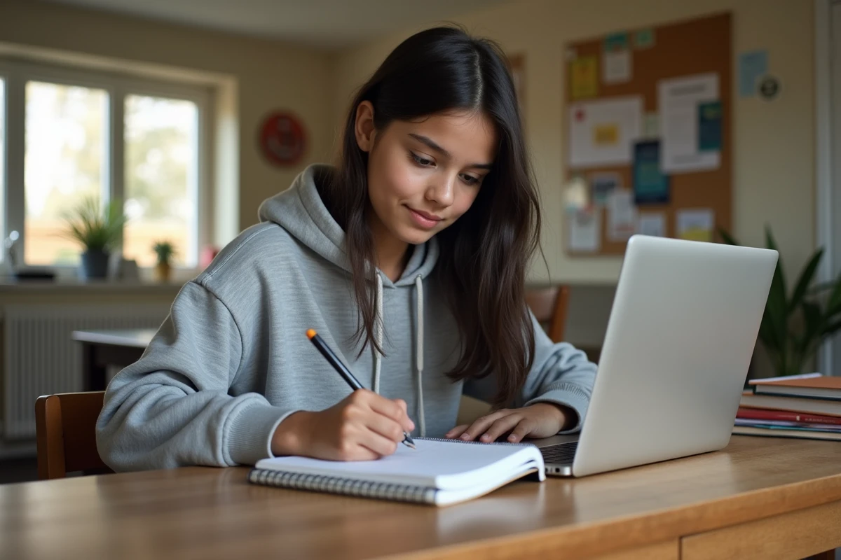 Jeune fille adolescente travaillant sur son ordinateur portable à la maison